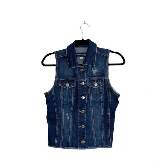Maurices Dark Wash Distressed Frayed Hem Sleeveless Denim Vest Small Women’s - Picture 11 of 11